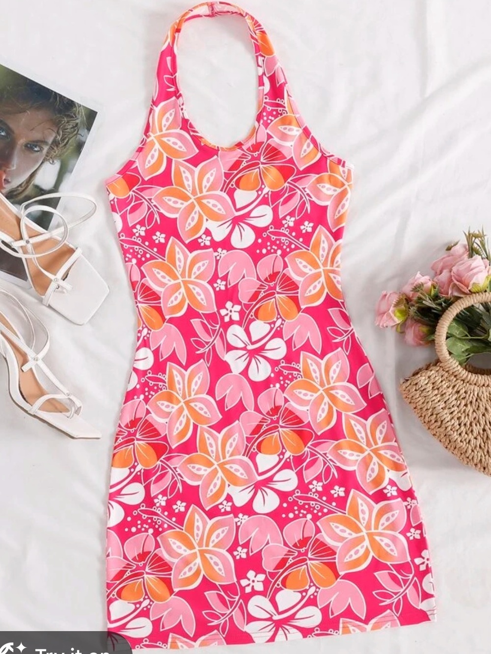 Y2k Pink hawaiian Floral Halter Dress p